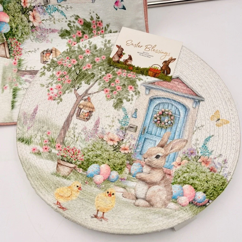 Easter Blessings Table Runner‎ and Set of 4 Braided Placemats Bunny Rabbit